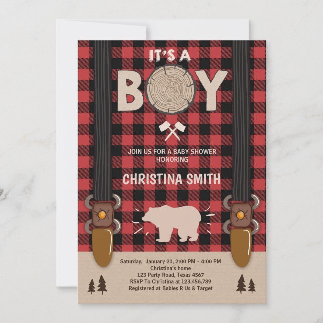 It's a boy Lumberjack Baby shower invitation boy (Front)