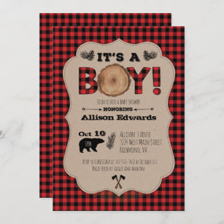 It's A Boy Lumberjack Plaid Baby Shower Invitation