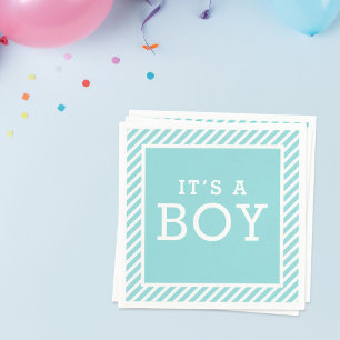 Its a Boy Modern Aqua Blue Stripes Baby Shower Napkin