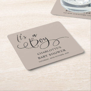 It's a Boy! Modern Minimal Calligraphy Baby Shower Square Paper Coaster