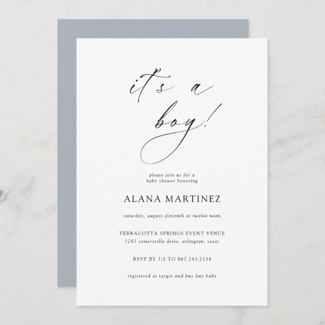 It's a Boy | Modern Minimal Calligraphy Invitation (Front/Back)