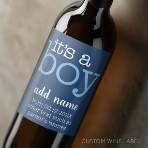 It's A Boy - Modern, Whimsical Navy Blue Wine Label