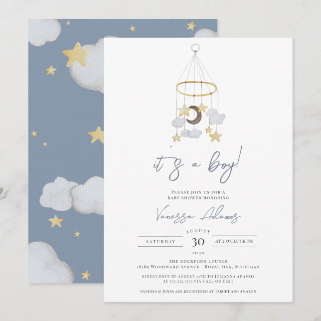 Its a Boy Moon and Stars Baby Nursery Shower Invitation (Front/Back)