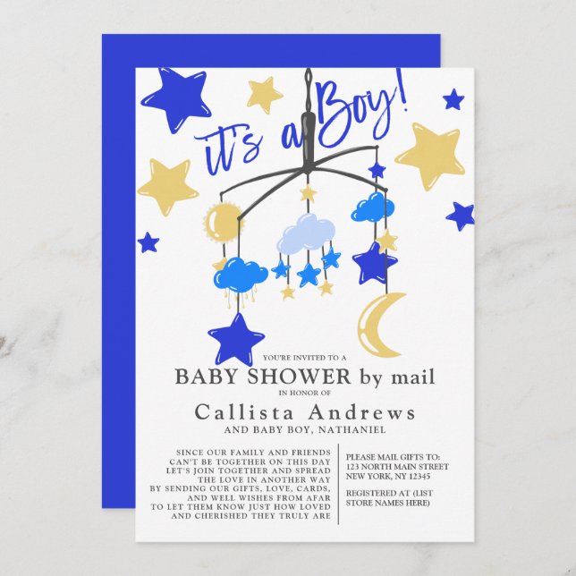 It's a Boy Moon Stars Mobile Baby Shower By Mail Invitation (Front/Back)