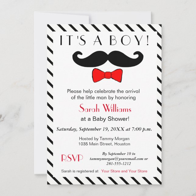 It's A Boy Moustache and Red Bowtie Baby Shower Invitation (Front)