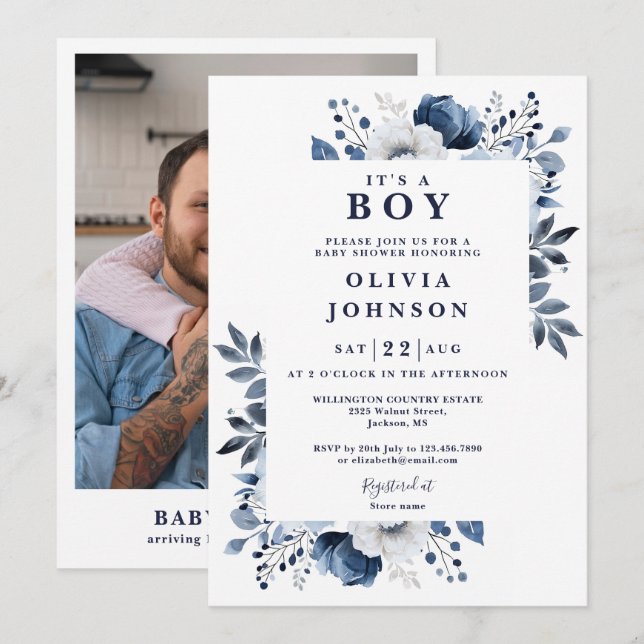 Its A Boy Navy Blue Floral Photo Baby Shower Invitation (Front/Back)