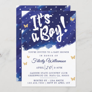 It's a Boy Navy & Gold Watercolour Baby Shower Invitation