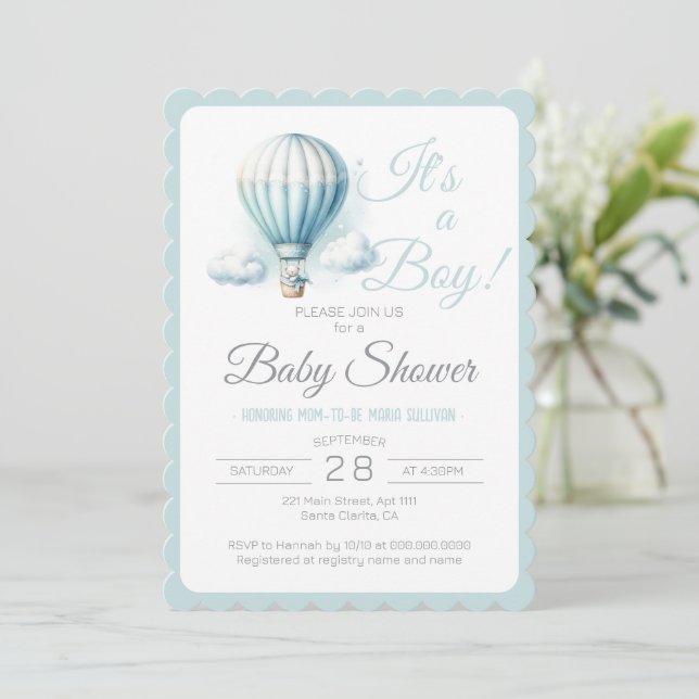 It's A Boy Pastel Blue Air Balloon Baby Shower Invitation (Standing Front)