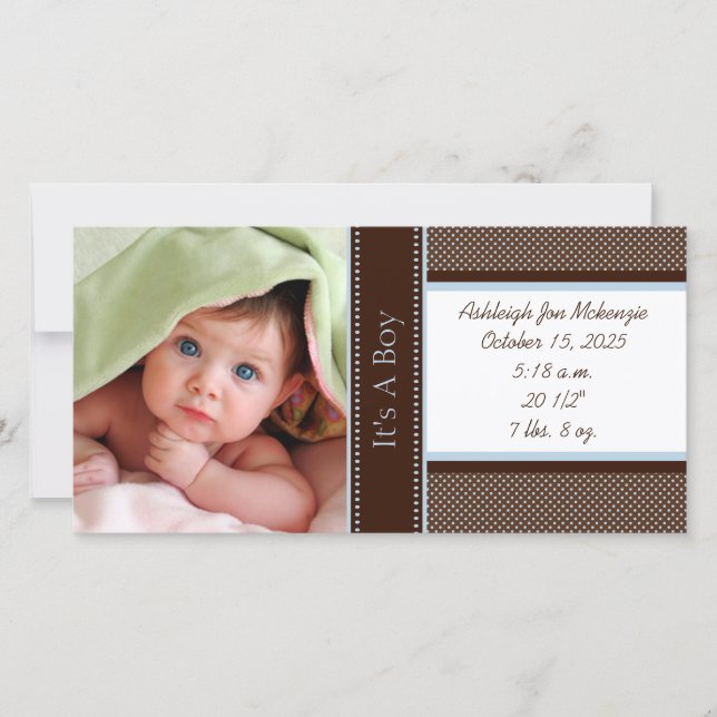 It's A Boy-Photo Card Stats Deep Brown Blue Dots (Front)