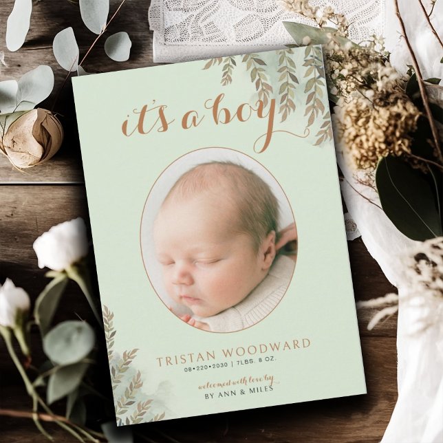 It's A Boy Photo Sage Cocoa Boy Birth Announcement (Creator Uploaded)