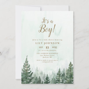 Its A Boy Pine Forest All In One QR Baby Shower Invitation