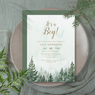 It's A Boy Pine Tree Forest Baby Shower Invitation