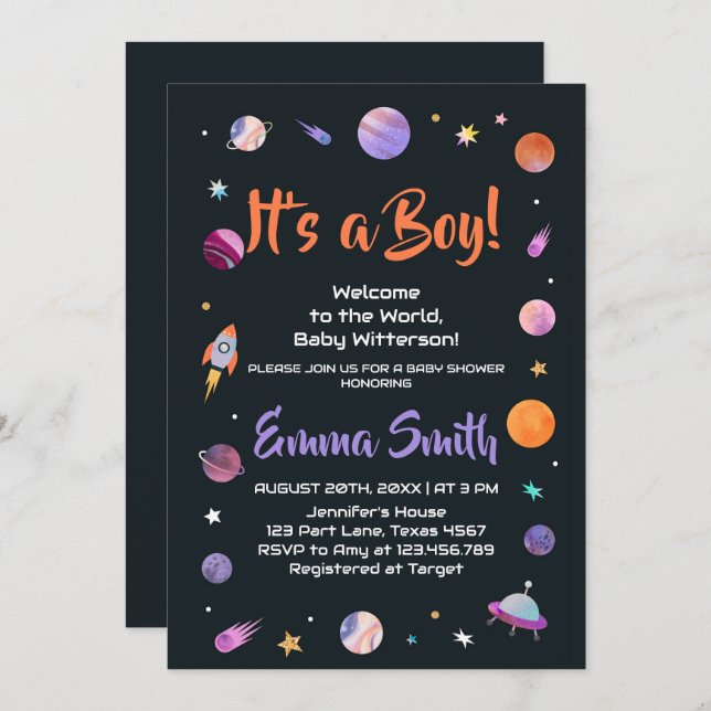 It's a Boy Planets Outer Space Baby Shower Invitation (Front/Back)