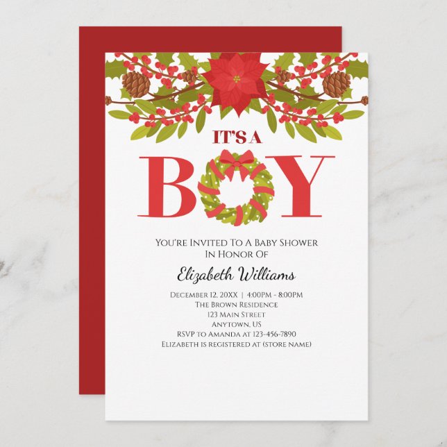 It's A Boy Poinsettia Christmas Baby Shower Invitation (Front/Back)