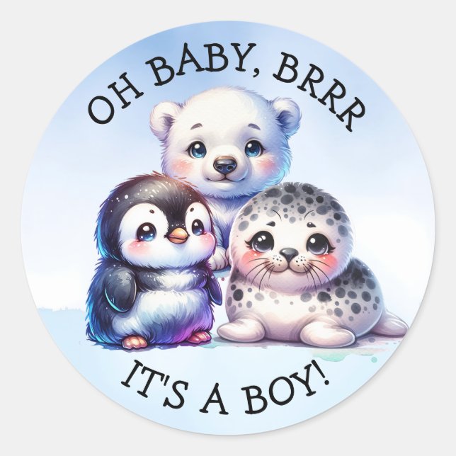 It's a Boy | Polar Arctic Winter Baby Shower Classic Round Sticker (Front)