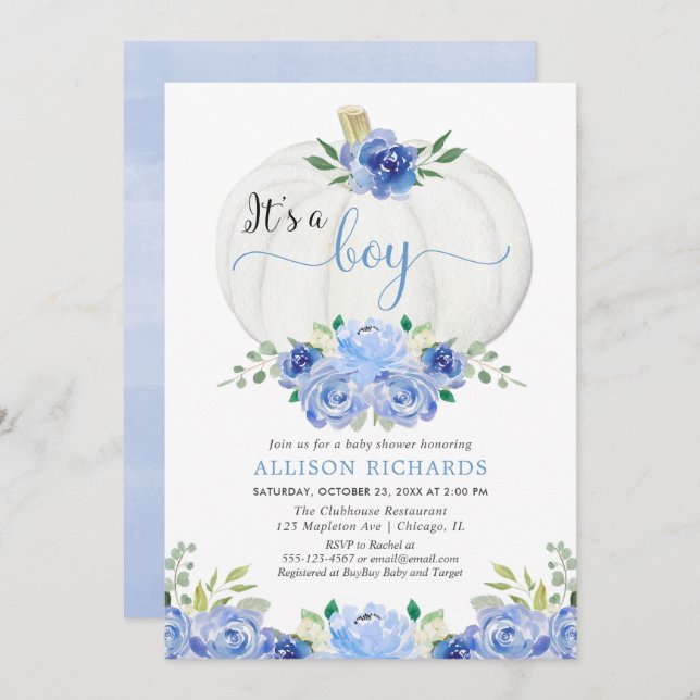 It's a boy pumpkin blue floral white baby shower invitation (Front/Back)