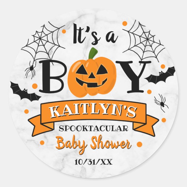 "It's A Boy" Pumpkin Halloween Baby Shower Classic Round Sticker (Front)