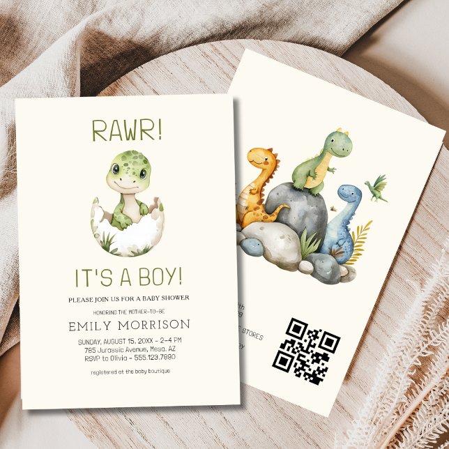 It's a Boy QR Code Boho Dinosaur Baby Boy Shower Invitation (Creator Uploaded)