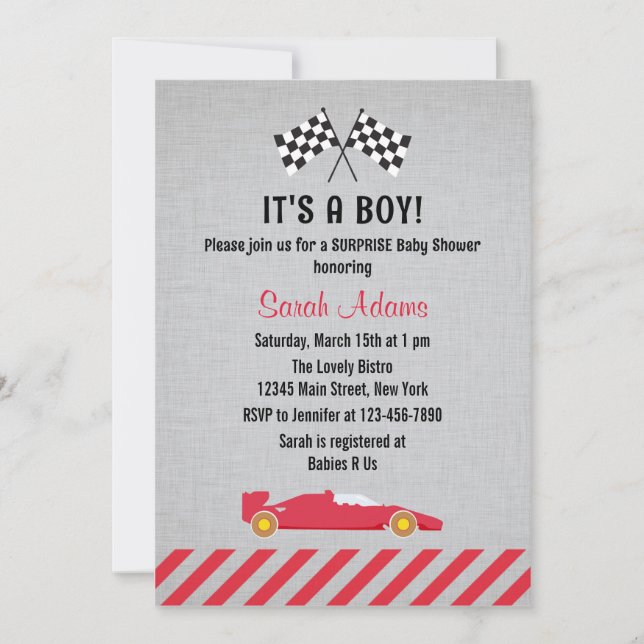 It's A Boy Race Car Baby Shower Invitation (Front)