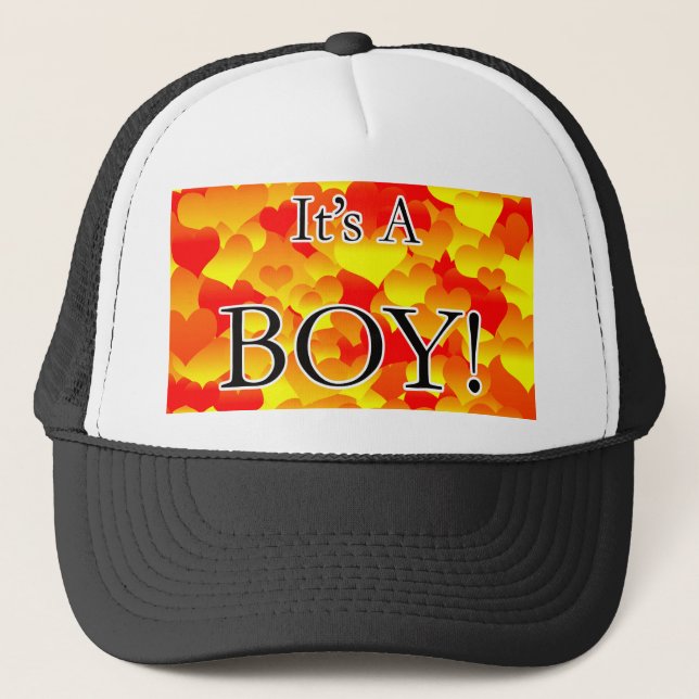 It's A Boy! Red and Yellow Hearts Trucker Hat (Front)