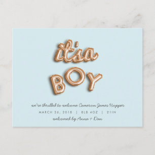 ITS a BOY! Rose gold/BULE postcard. Announcement Postcard