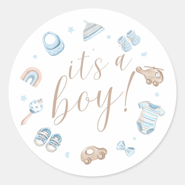 It's a Boy Round Baby Shower Stickers  (Front)