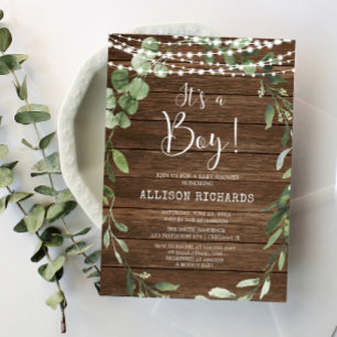 It's a Boy Rustic lights greenery wood baby shower Invitation
