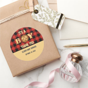 It's a boy Rustic Lumberjack Flannel Baby Shower I Classic Round Sticker