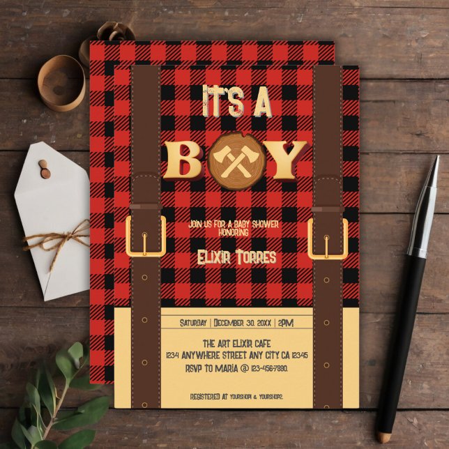 It's a boy Rustic Lumberjack Flannel Baby Shower I Invitation (Creator Uploaded)