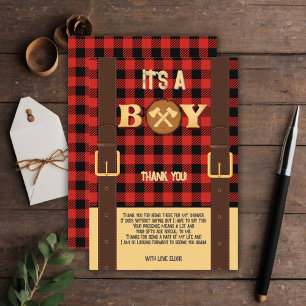 It's a boy Rustic Lumberjack Flannel Baby Shower I Thank You Card