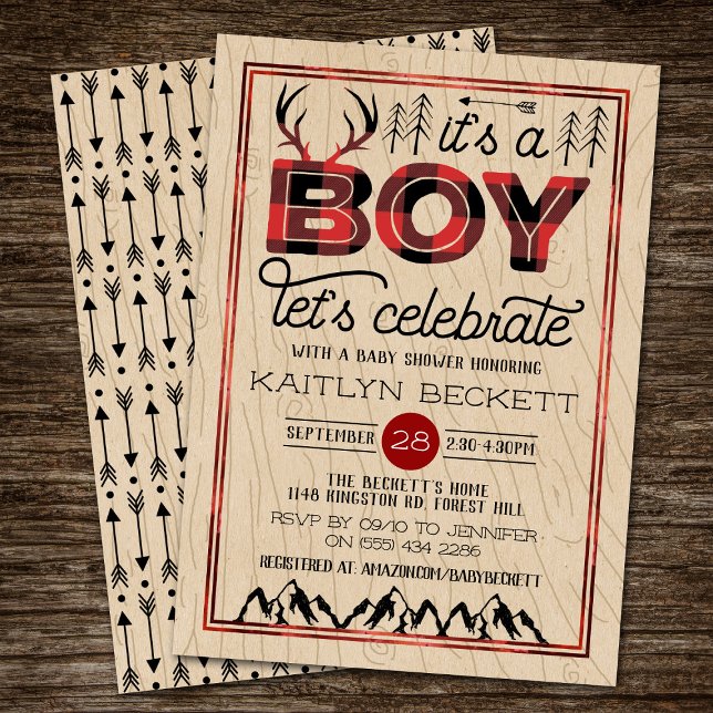 It's A Boy! Rustic Plaid Lumberjack Baby Shower Invitation (Creator Uploaded)