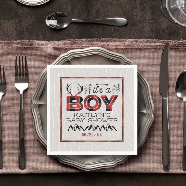 It's A Boy! Rustic Plaid Lumberjack Baby Shower Napkin (Creator Uploaded)