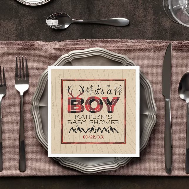 It's A Boy! Rustic Plaid Lumberjack Baby Shower Napkin (Creator Uploaded)