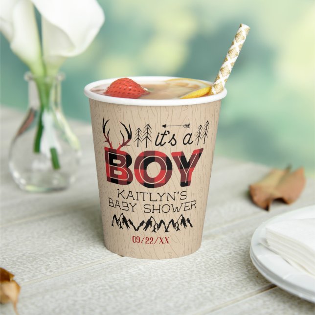 It's A Boy! Rustic Plaid Lumberjack Baby Shower Paper Cups (Insitu)