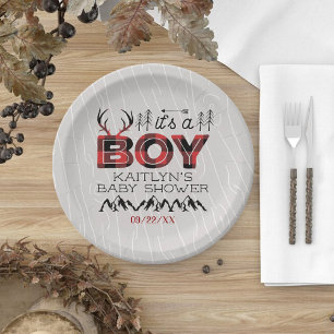 It's A Boy! Rustic Plaid Lumberjack Baby Shower Paper Plate