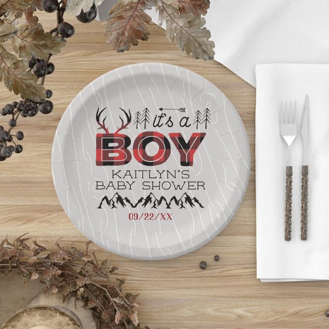 It's A Boy! Rustic Plaid Lumberjack Baby Shower Paper Plate (Creator Uploaded)