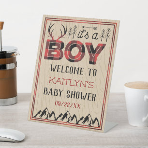 It's A Boy! Rustic Plaid Lumberjack Baby Shower Pedestal Sign