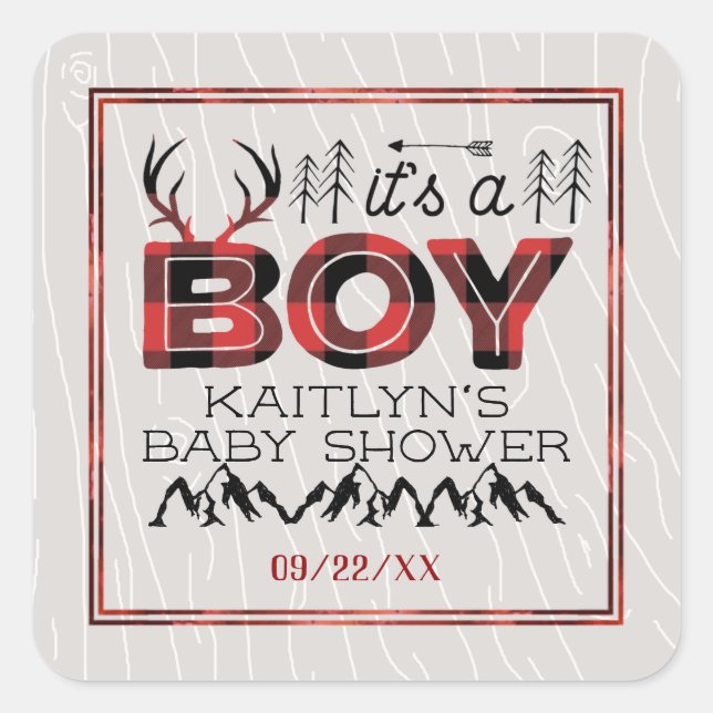 It's A Boy! Rustic Plaid Lumberjack Baby Shower Square Sticker (Front)