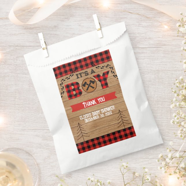 It's a boy Rustic Wood Plaid Baby Shower Favour Bag (Clipped)