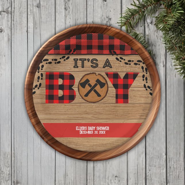 It's a boy Rustic Wood Plaid Baby Shower Paper Plate (Creator Uploaded)