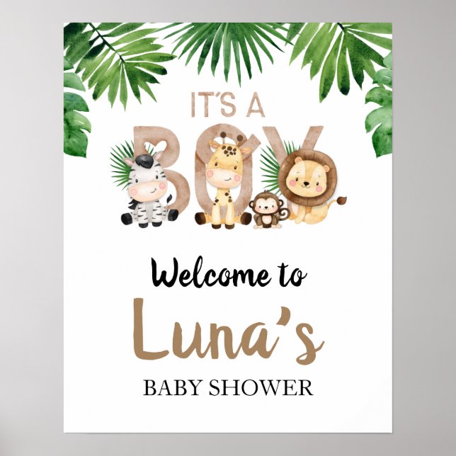 It's a Boy Safari Baby Shower Welcome Sign  (Front)