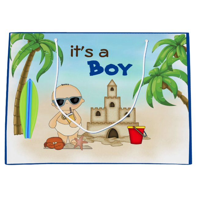 It's a Boy Sandcastle Surfboard Beach Baby Shower Large Gift Bag (Front)