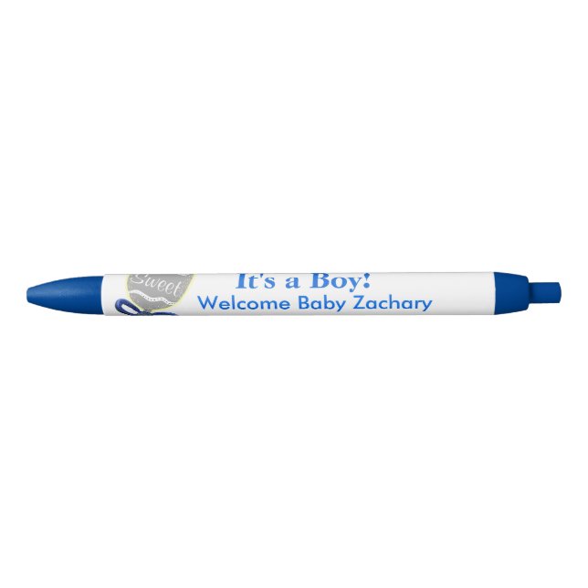It's A Boy Silver Baby Rattle Blue Announcements Blue Ink Pen (Front)