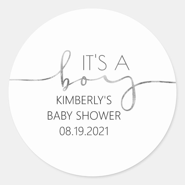 It's A Boy Silver Script Baby Shower Classic Round Sticker (Front)