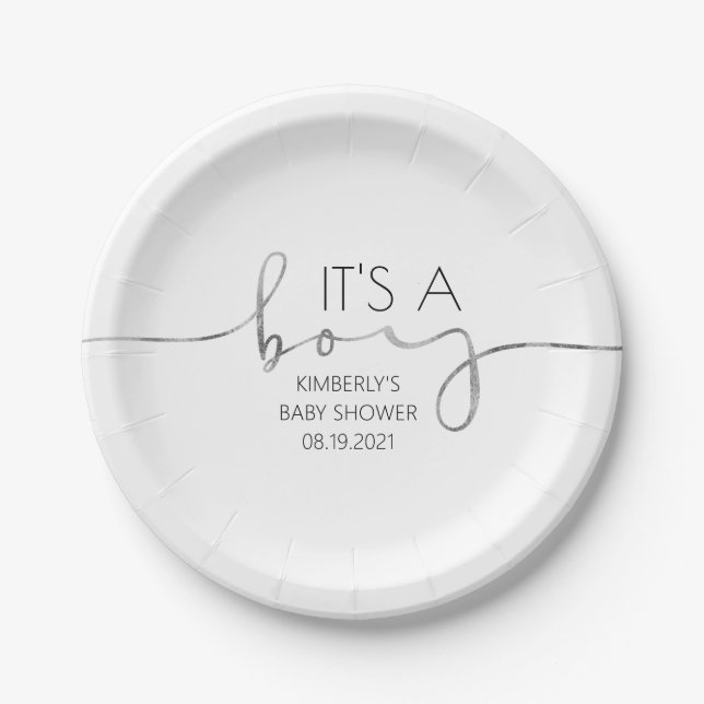 It's A Boy Silver Script Baby Shower Modern Paper Plate (Front)