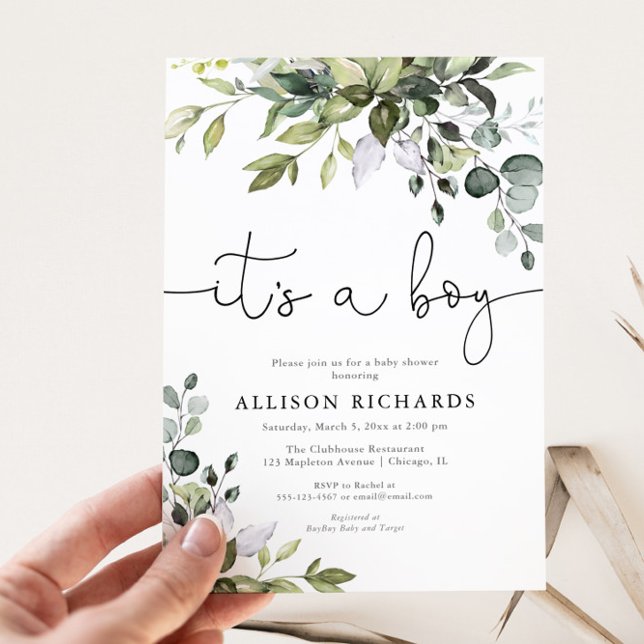 It's a boy simple modern greenery baby shower invitation (Creator Uploaded)