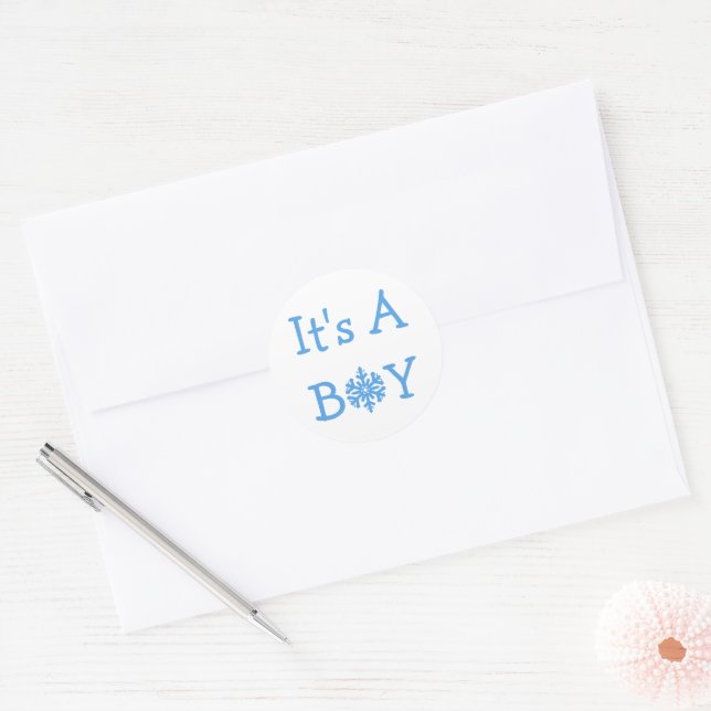 It's A Boy Snowflake Classic Round Sticker (Envelope)