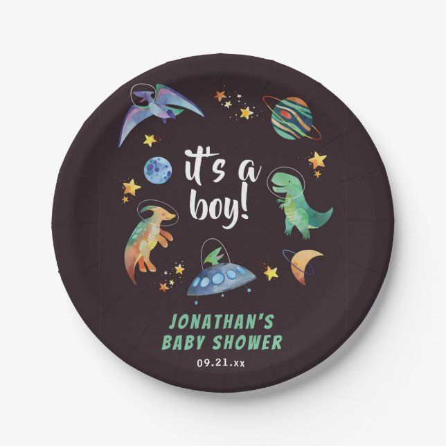 It's a Boy Space Dinosaur Galaxy Baby Shower Party Paper Plate (Front)
