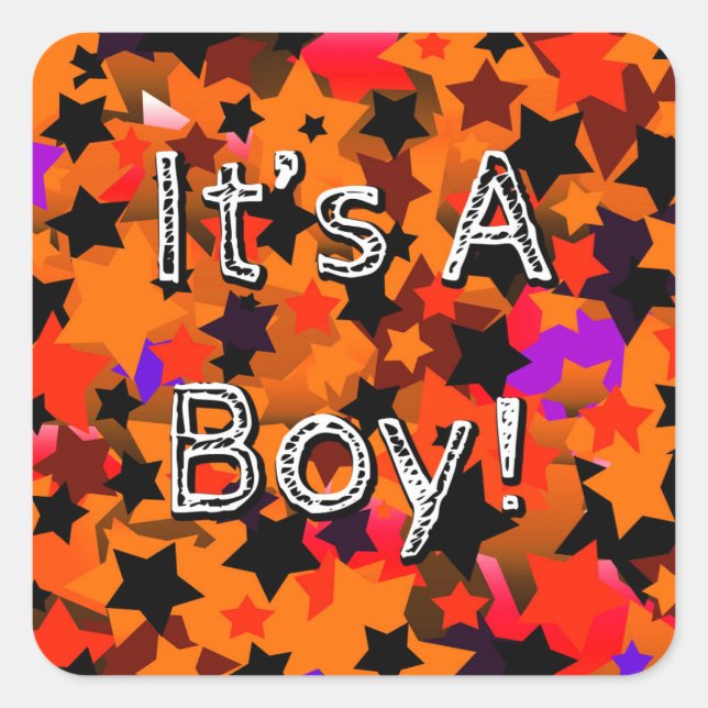 It's A Boy! Stars Orange Square Sticker (Front)