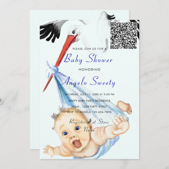 It's a Boy Stork Baby QR Code Shower Invitation (Front/Back)